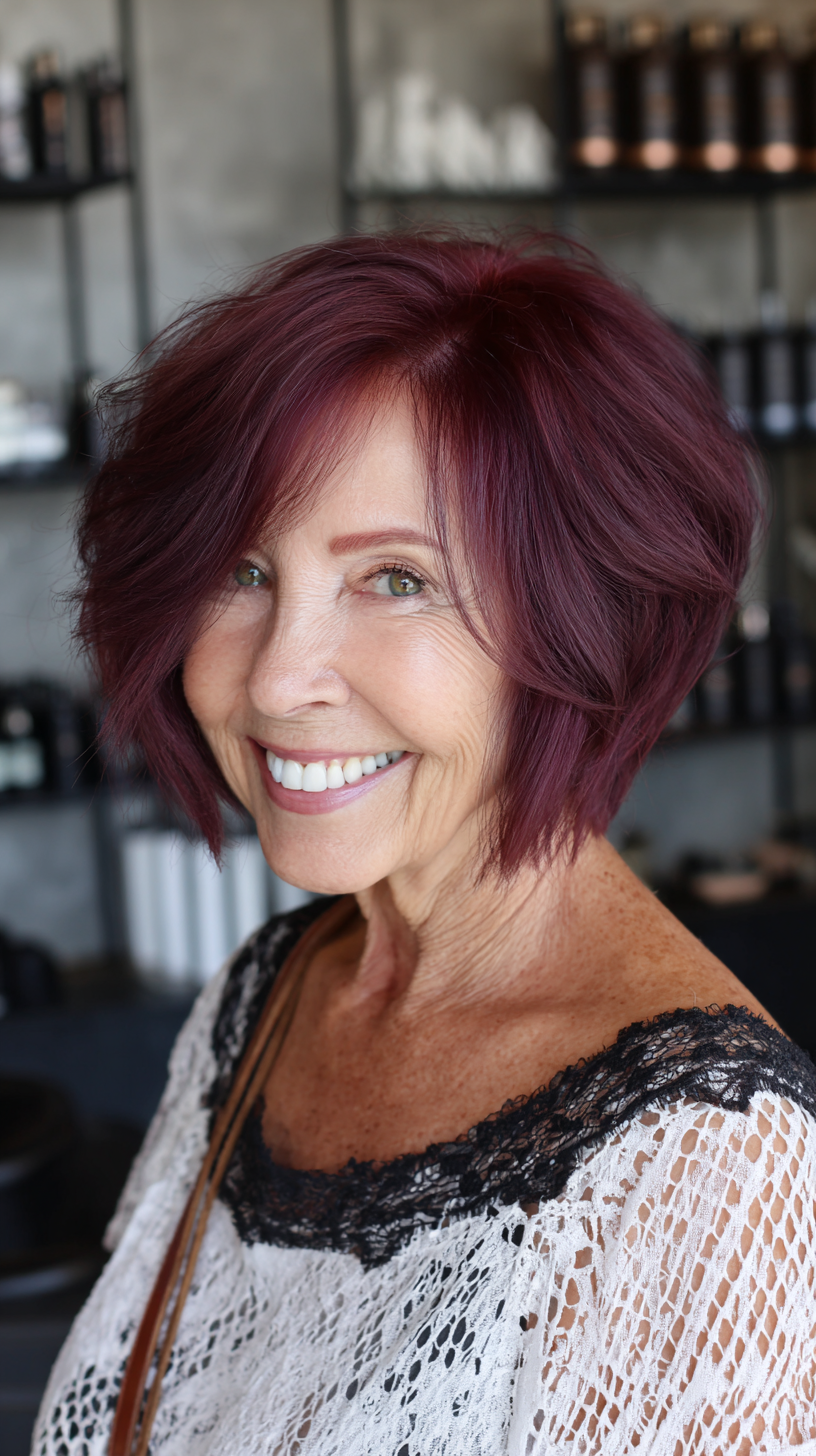 Bold Burgundy Textured Bob with Asymmetrical Layers