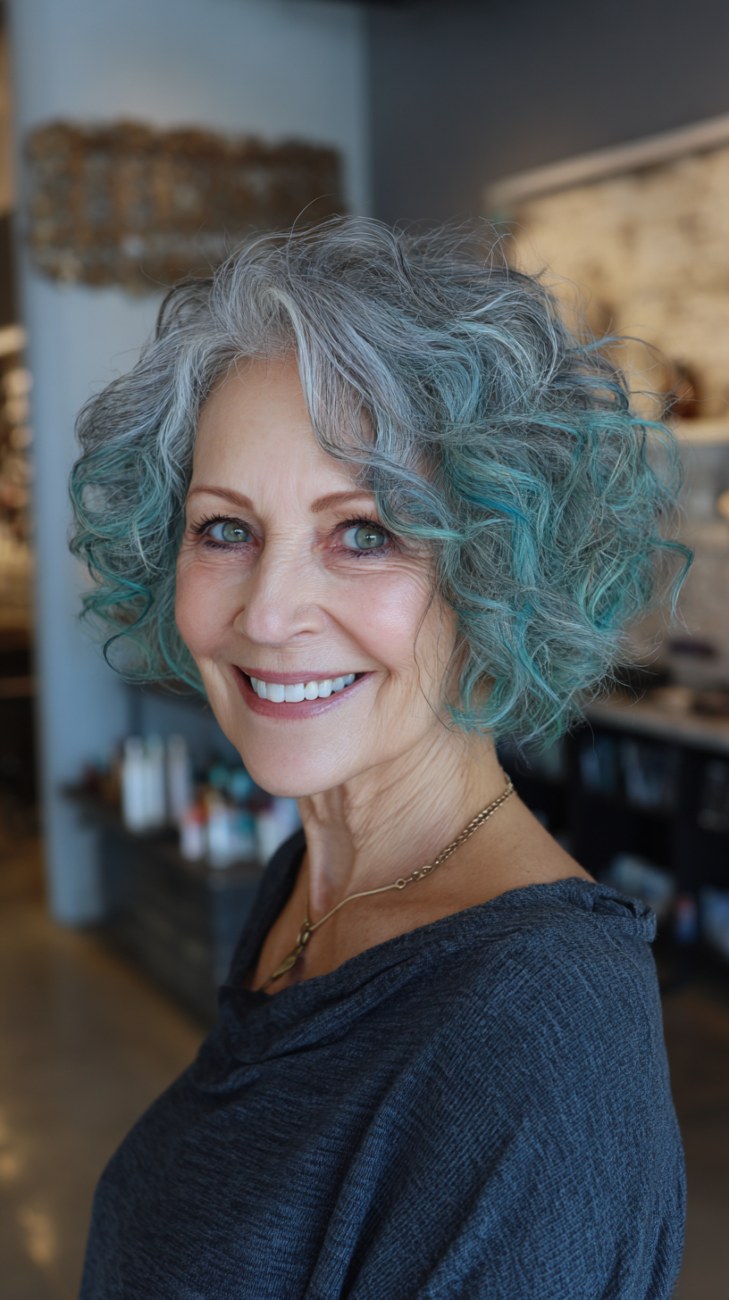 Charming Curly Bob with Aqua Highlights