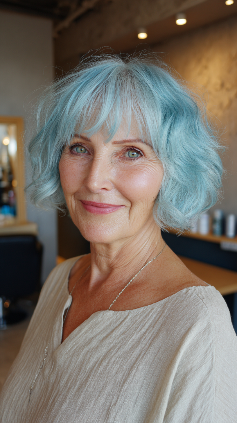 Playful Aqua Curly Bob with Soft Layers