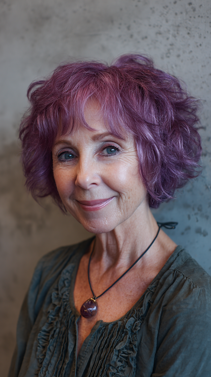 Playful Curly Lavender Bob with Soft Layers