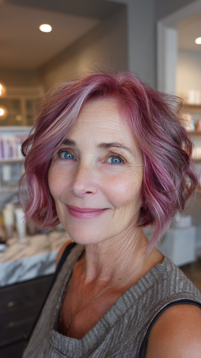 Playful Pink Curly Bob with Subtle Highlights