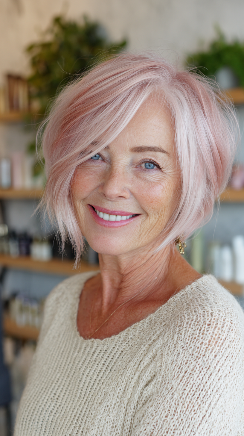 Soft Blush Angled Bob with Textured Layers