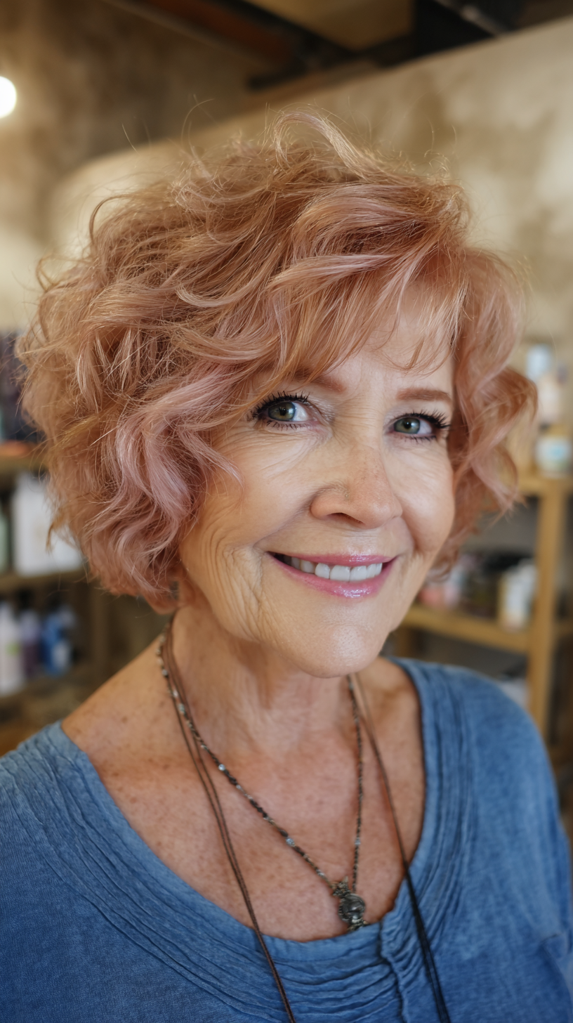 Soft Blush Curly Bob with Layered Texture