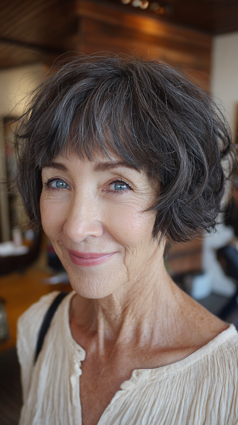 Textured Silver Curly Bob with Face-Framing Layers