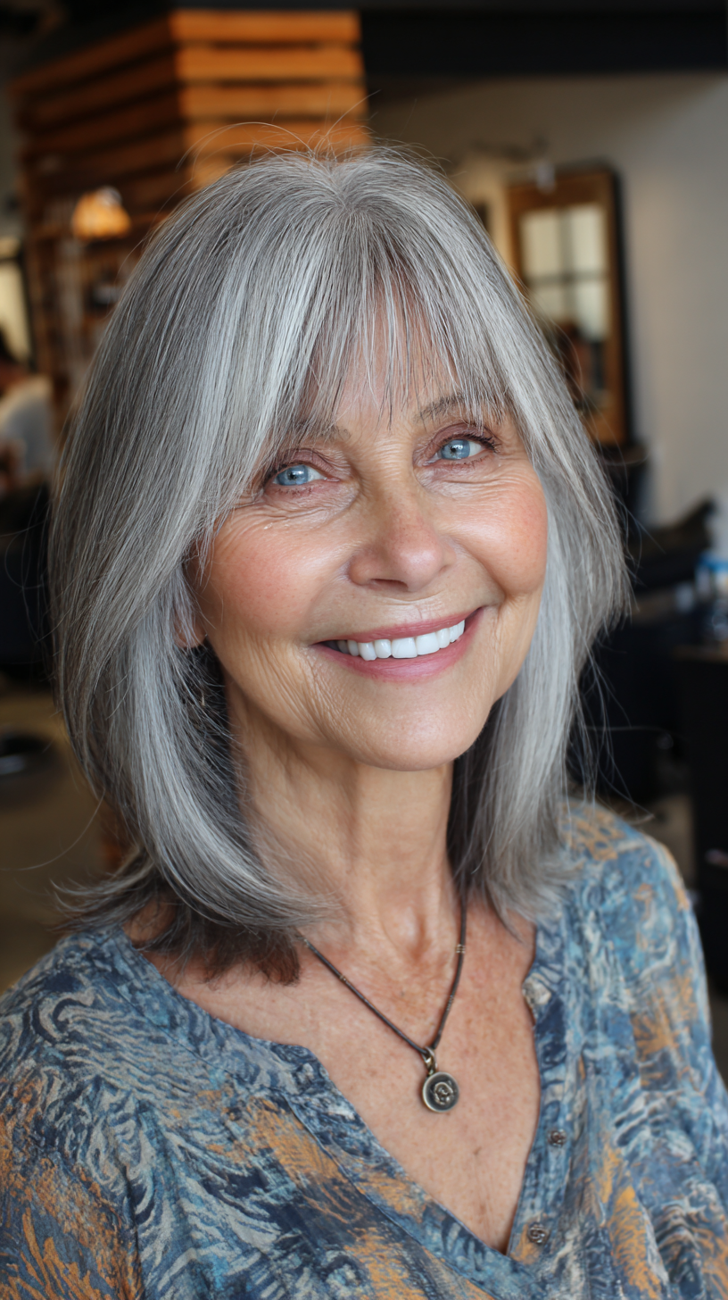 Elegant Silvery Medium Cut with Soft Fringe
