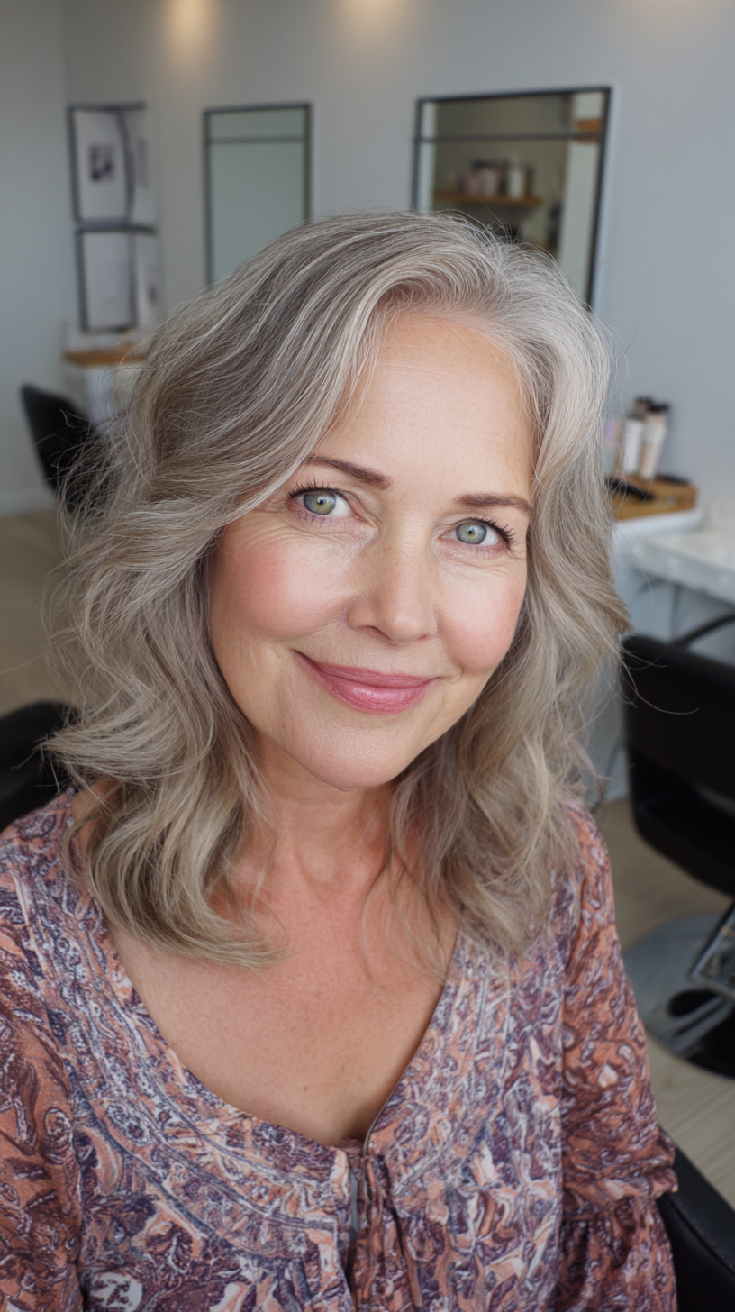 Softly Layered Ash Blonde Medium Cut with Natural Waves