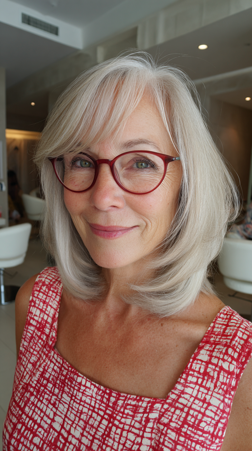 Softly Layered Silver Medium Cut with Face-Framing Bangs