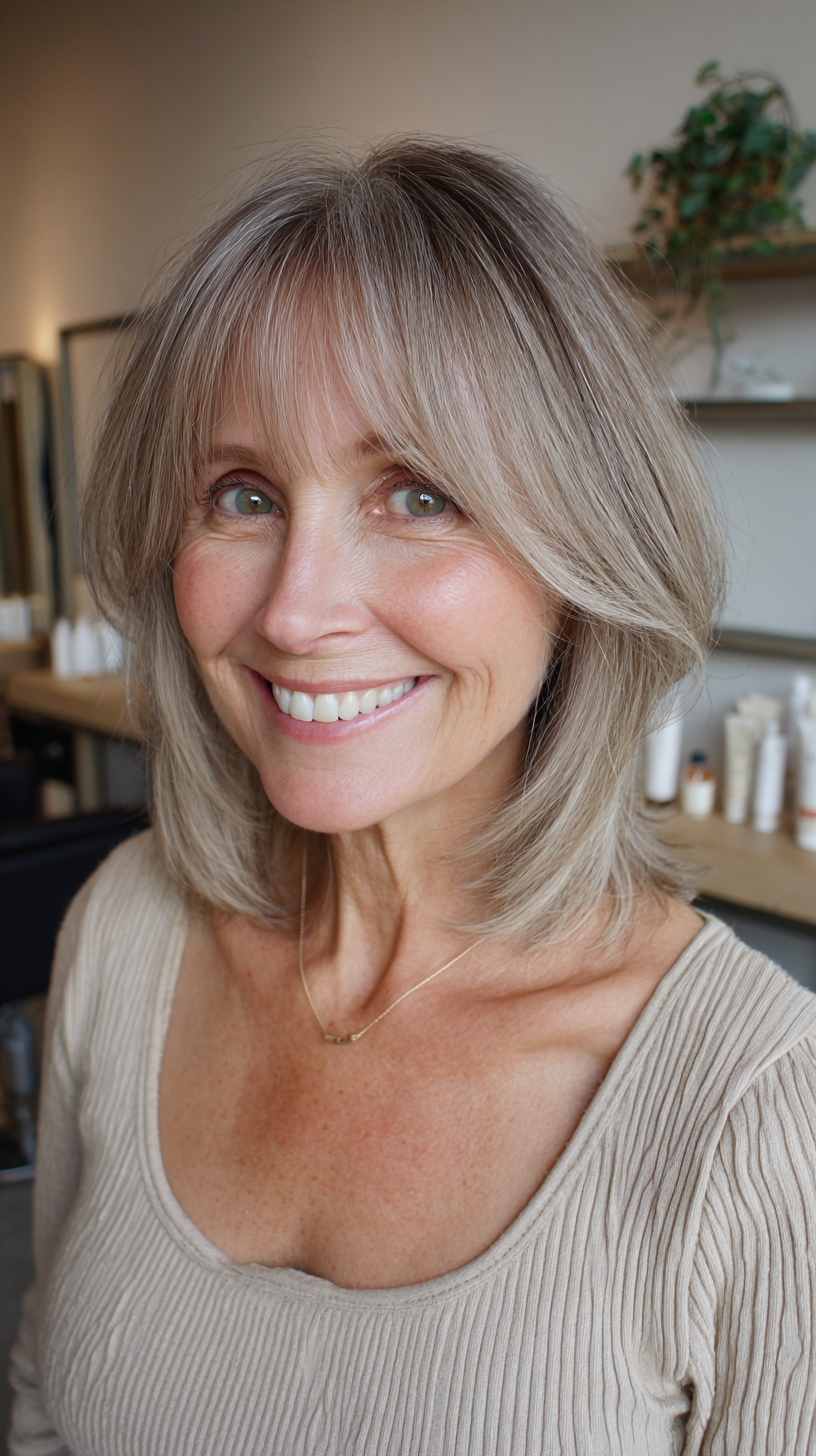 Stylish Softly Layered Medium Cut with Wispy Bangs
