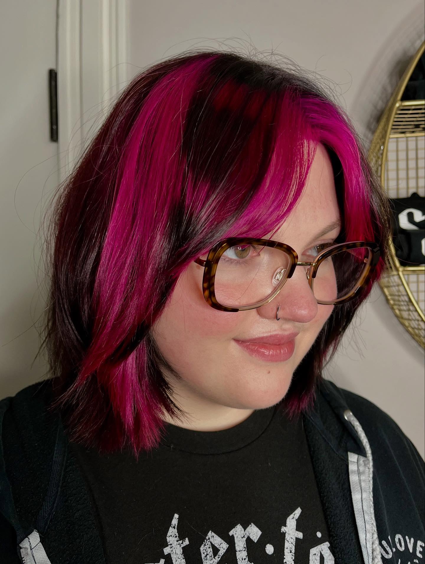 Bold Pink and Black Layered Cut with Face-Framing Pieces