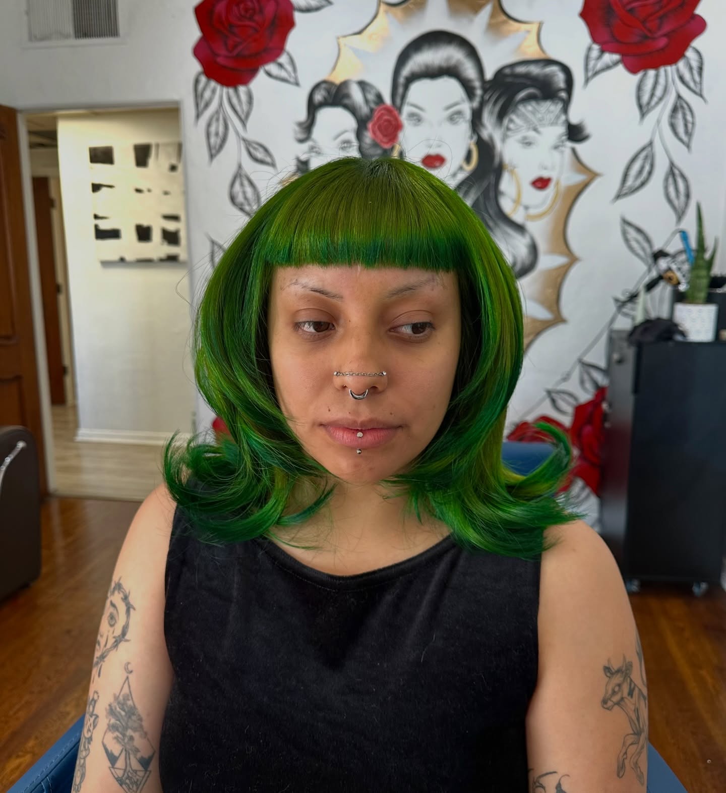 Vibrant Green Layered Cut with Bold Fringe