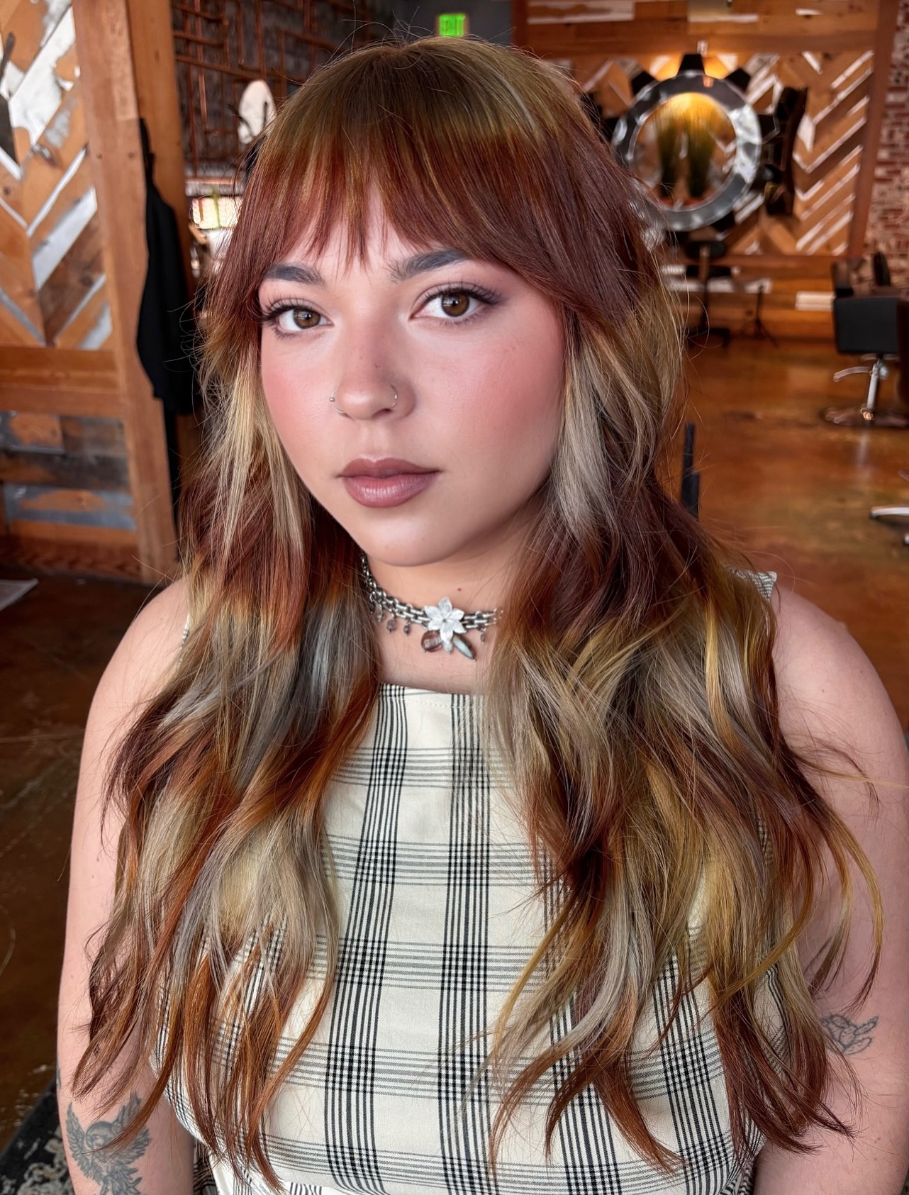 Warm Amber Waves with Face-Framing Bangs