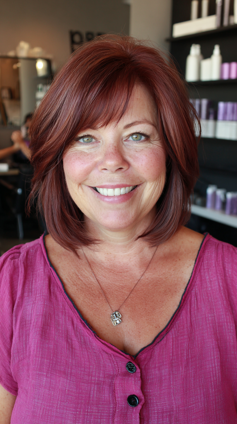 Rich Auburn Layered Cut with Soft Side Bangs