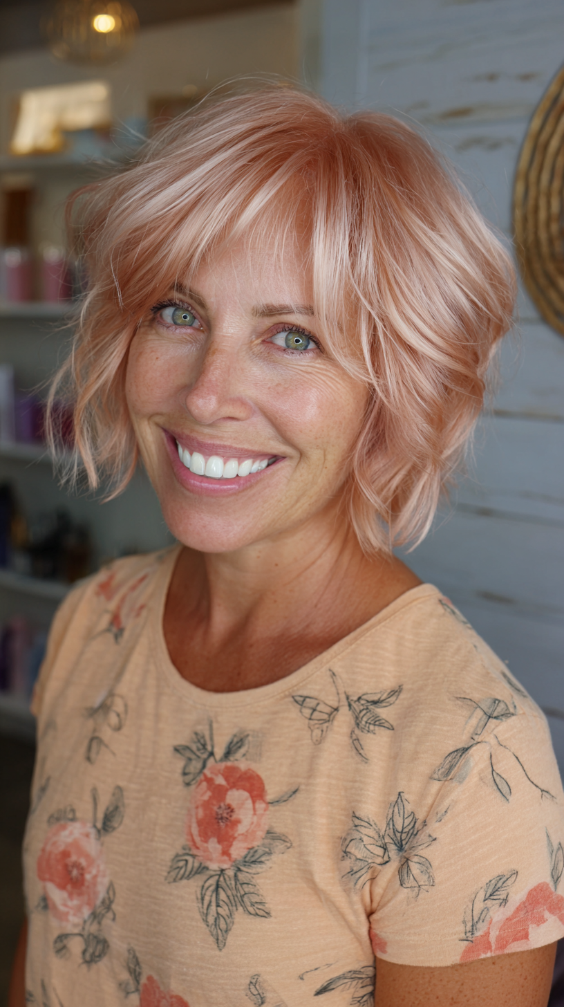 Chic Layered Shag Bob with Subtle Rose Tones