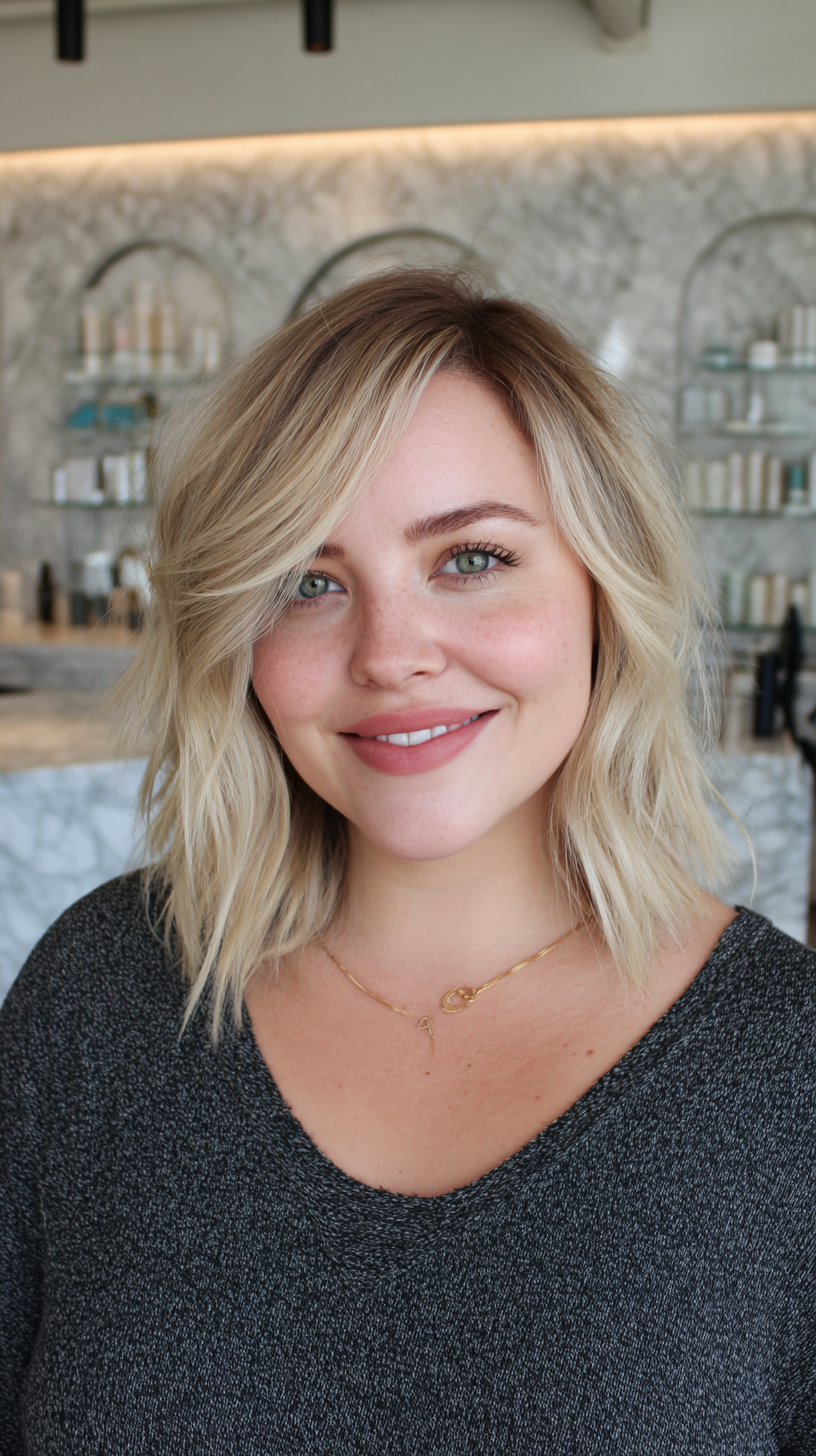 Chic Textured Shoulder-Length Side Part with Soft Highlights