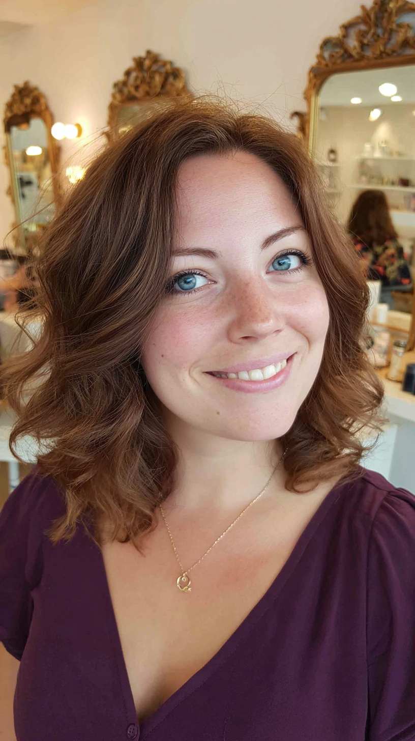 Rich Chestnut Shoulder-Length Side Part with Defined Curls