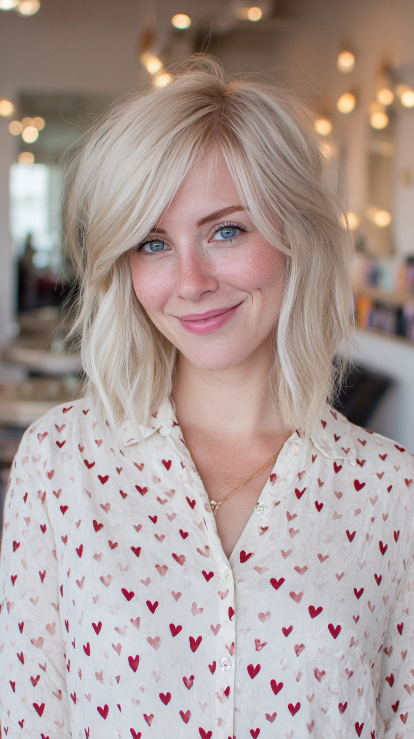 Soft Textured Shoulder-Length Side Part with Subtle Highlights