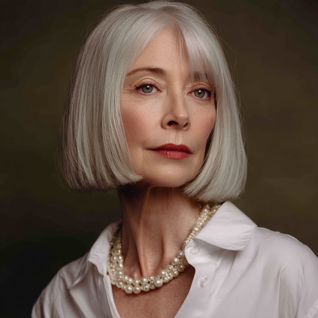 Elegant Silver Blunt Bob with Soft Bangs