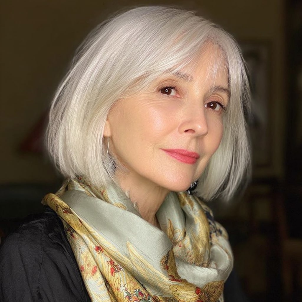 Chic Silver Blunt Bob with Soft Bangs