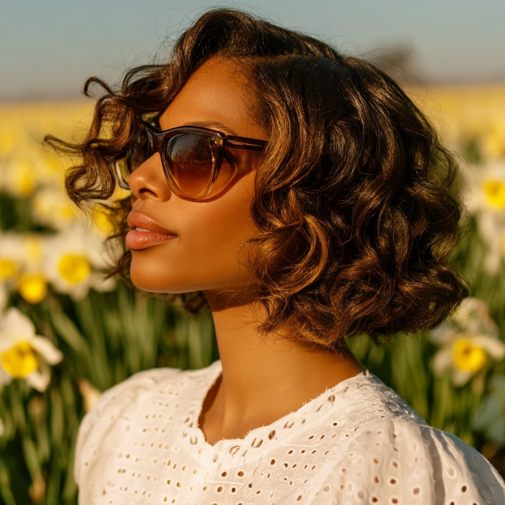 Chic Curly Bob with Honey Highlights