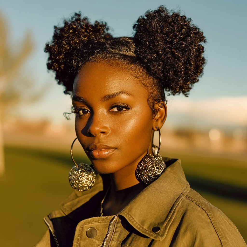 Chic Double Puff Hairstyle with Defined Curls