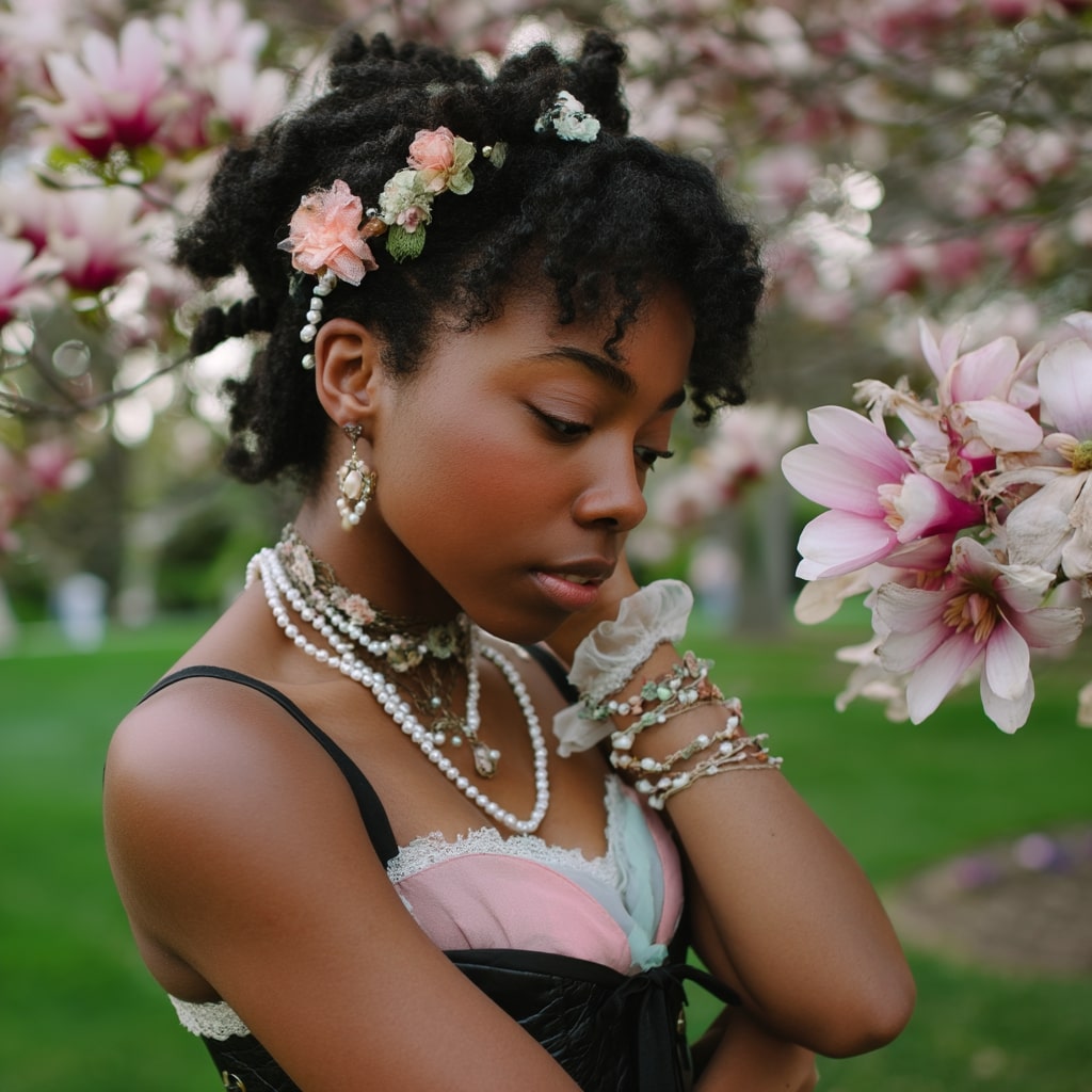 Chic Natural Curls with Floral Accents
