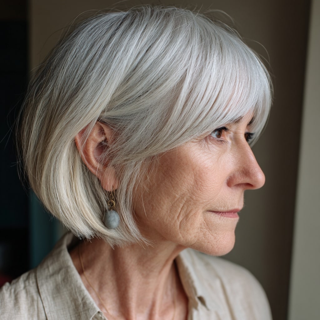 Chic Silver Blunt Bob with Soft Bangs