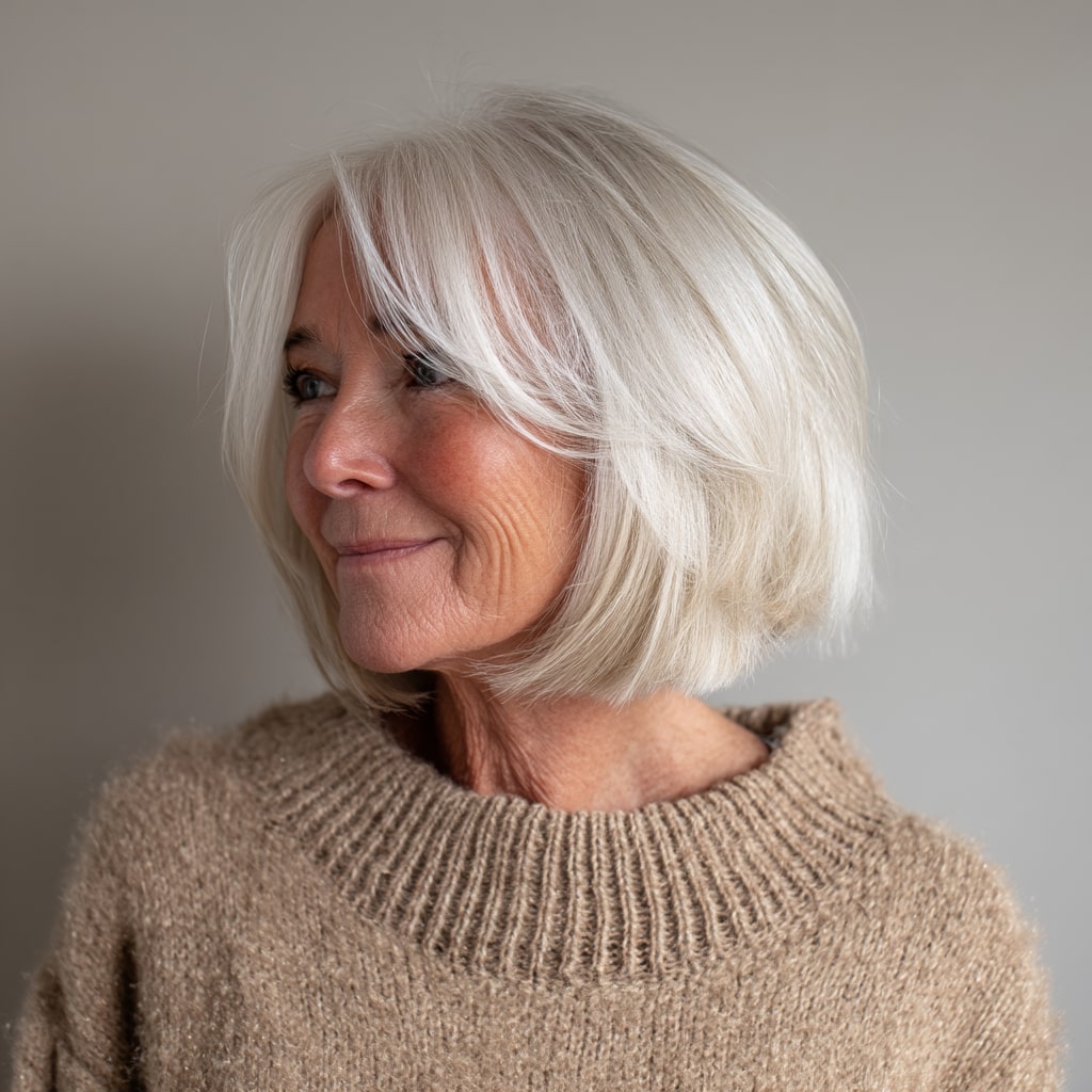 Chic Textured Silver Bob with Soft Bangs