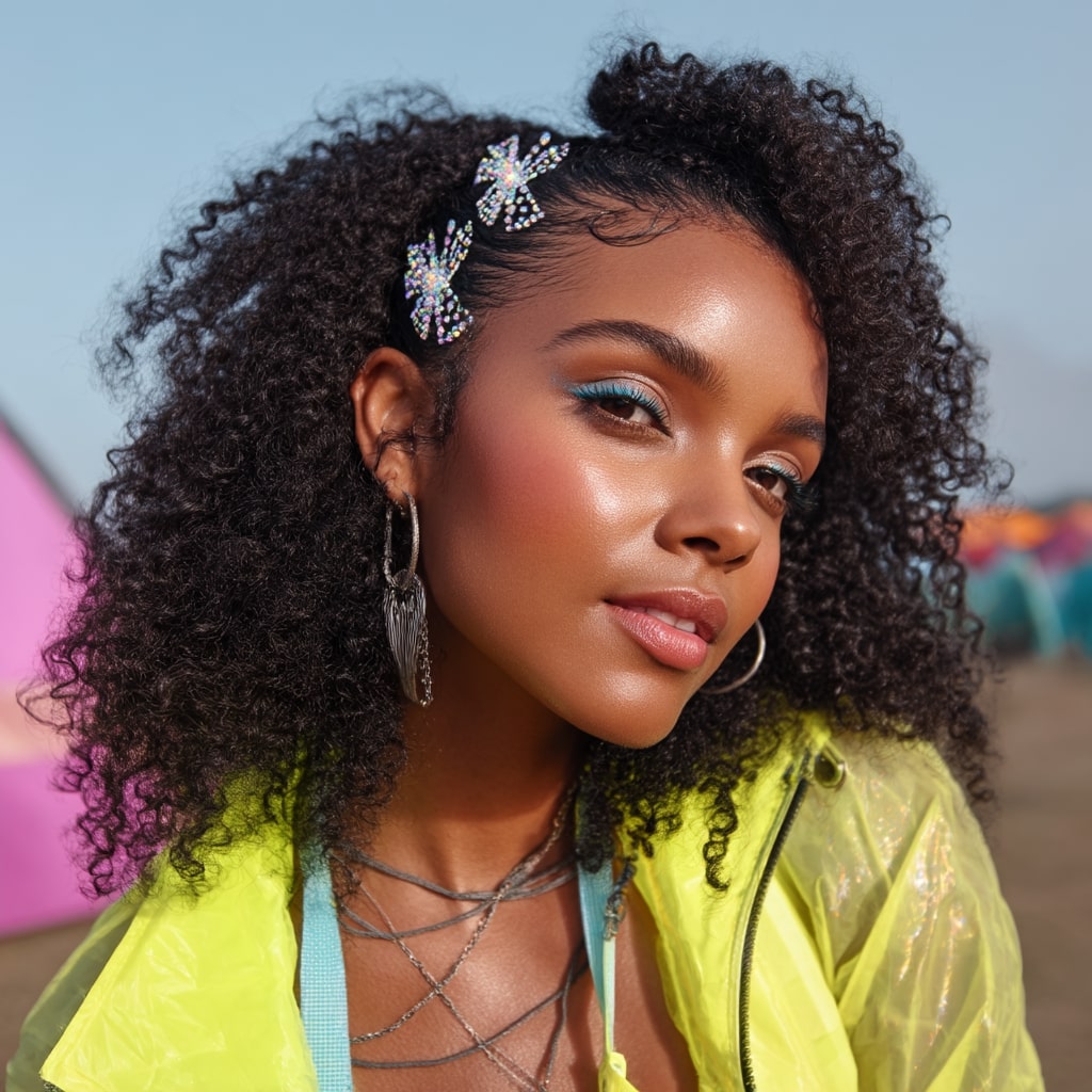 Playful Curly Half-Up Hairstyle with Decorative Clips
