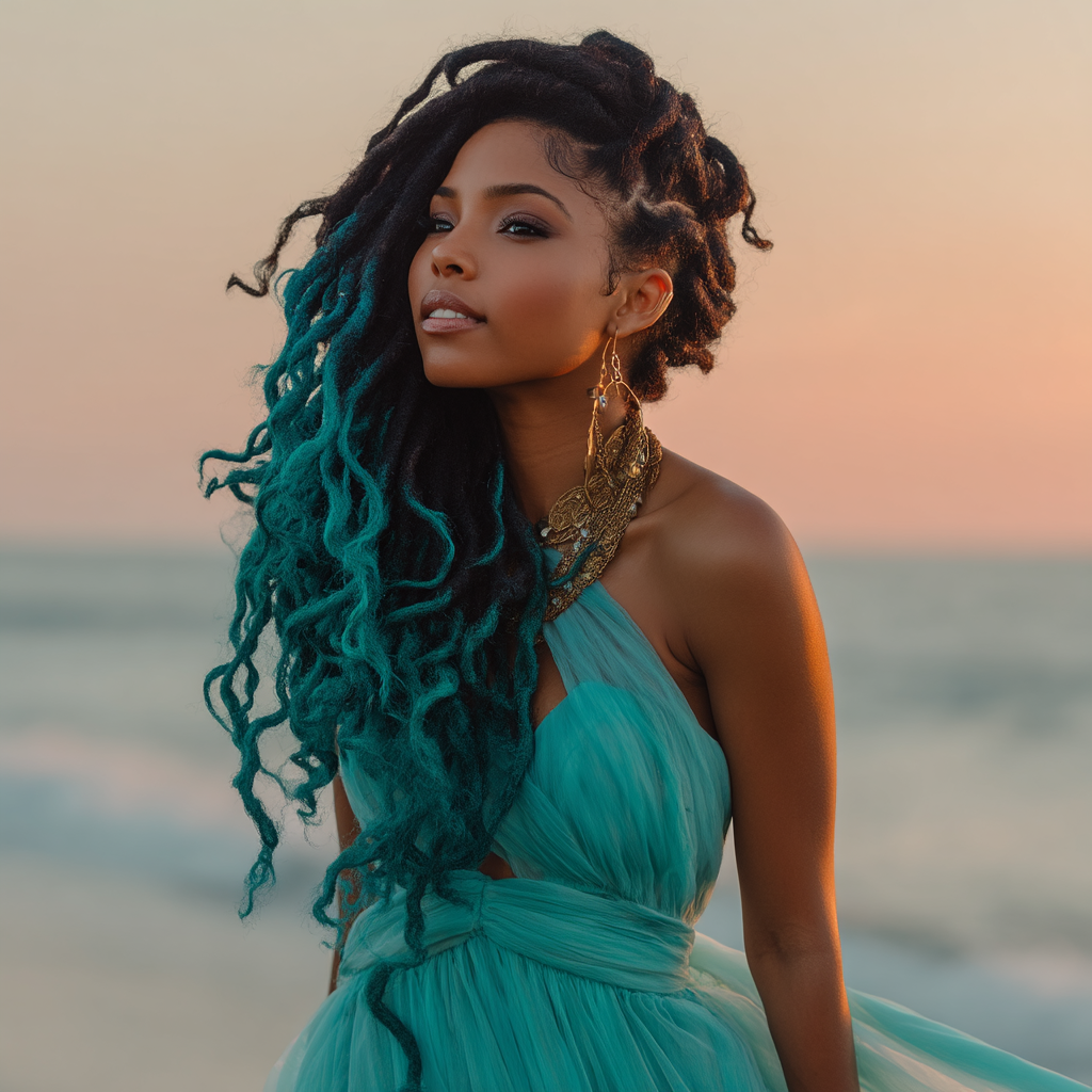 Bold Aqua-Tipped Locs with Soft Waves