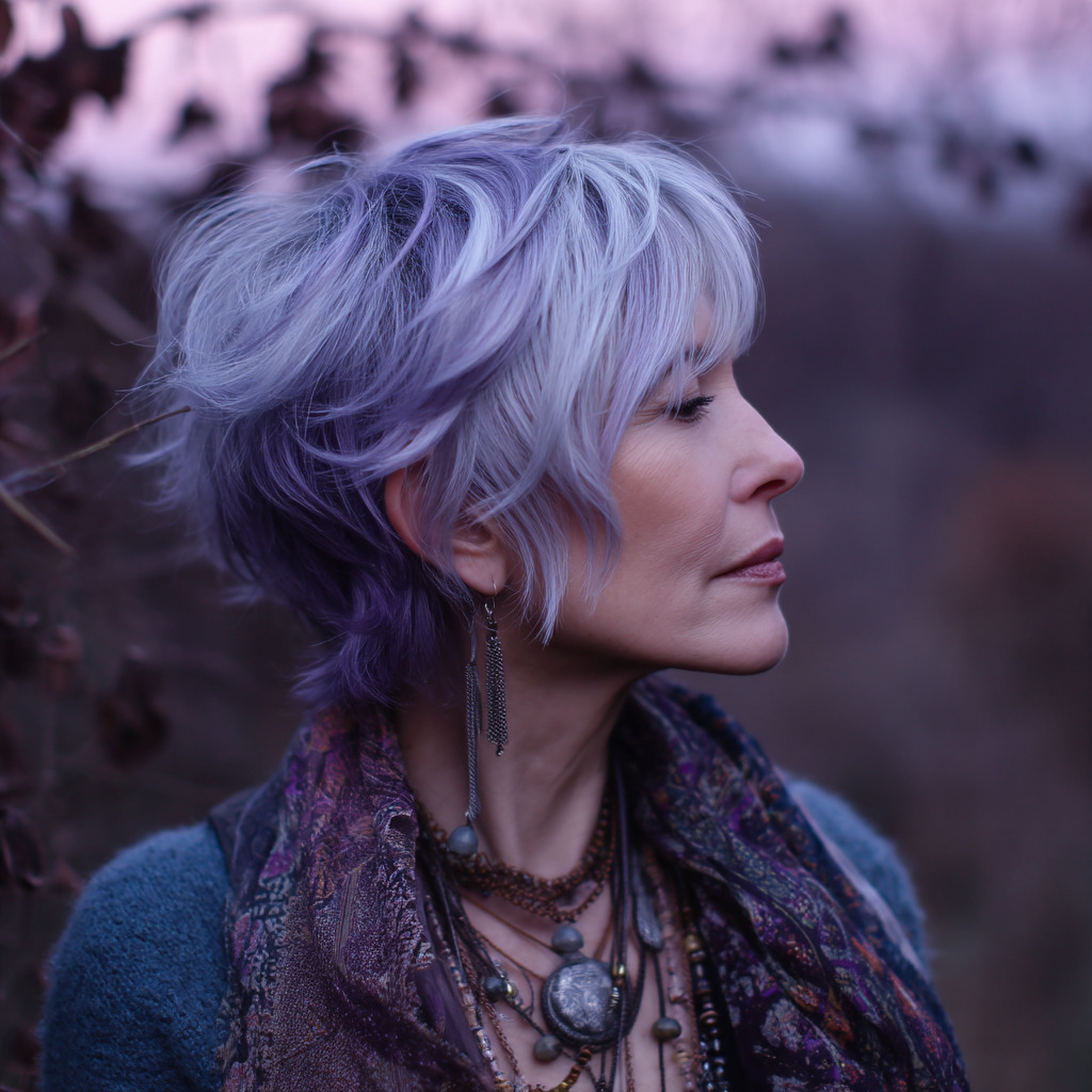 Chic Layered Pixie Cut with Lavender Undertones