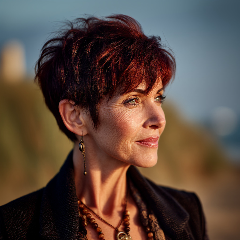 Chic Textured Pixie Cut with Rich Auburn Tones