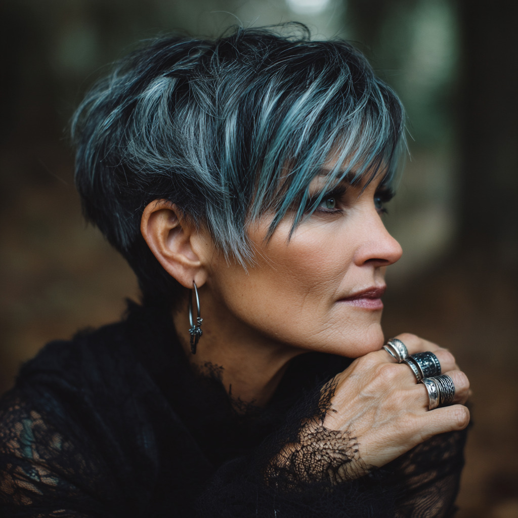 Chic Textured Pixie Cut with Subtle Blue Highlights