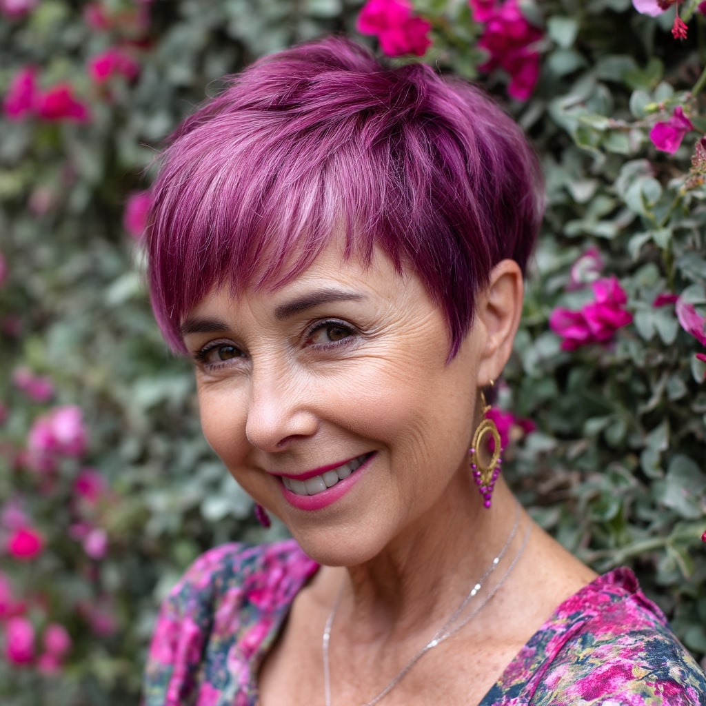 Dynamic Short Pixie Cut with Bold Fuchsia Highlights