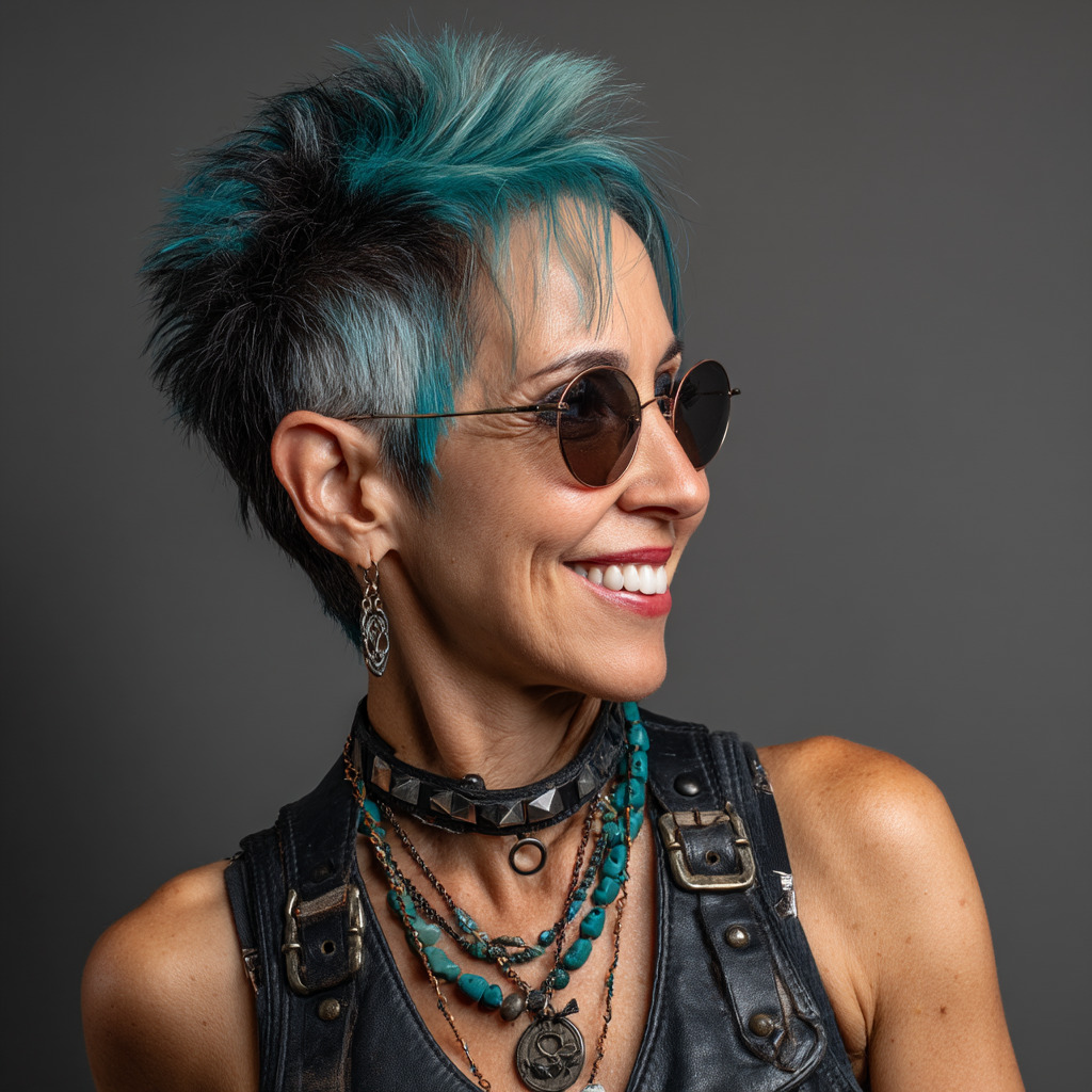 Edgy Textured Pixie Cut with Teal Highlights