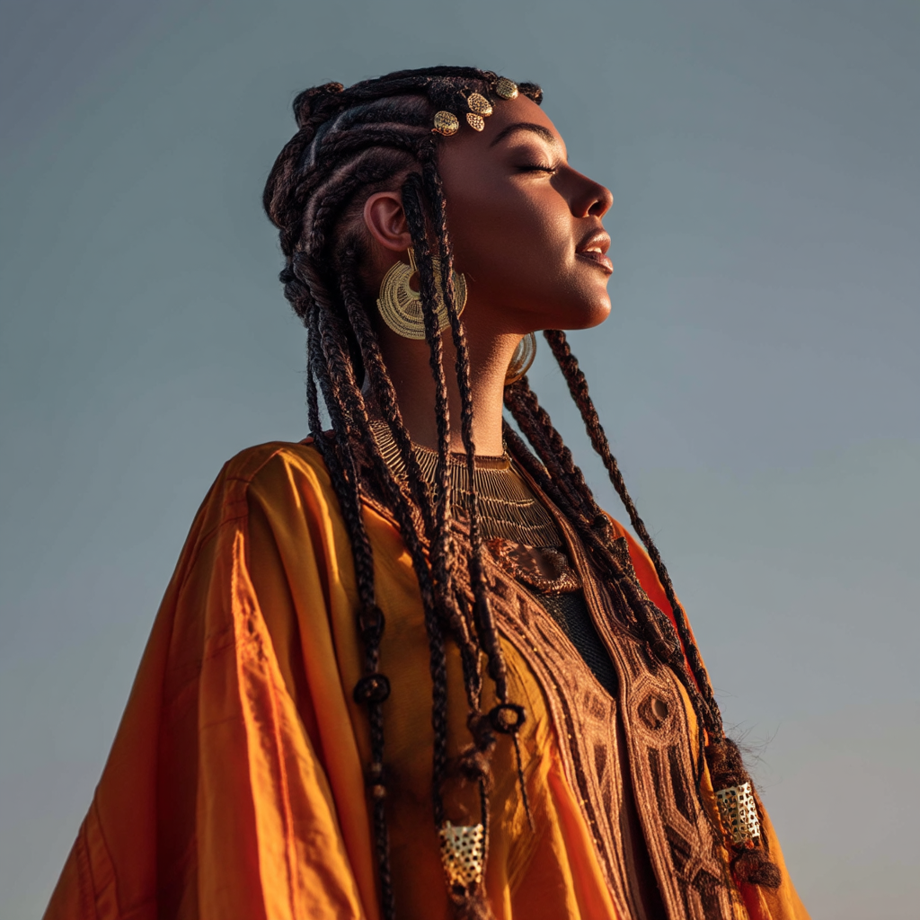 Elegant Long Box Braids with Gold Accents
