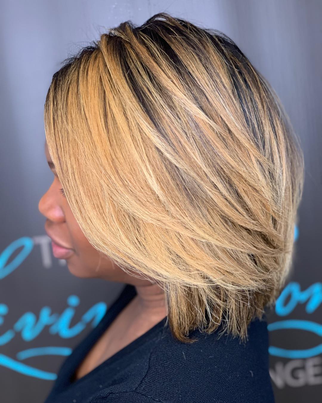 Light Blonde Stacked Cut with Darker Roots