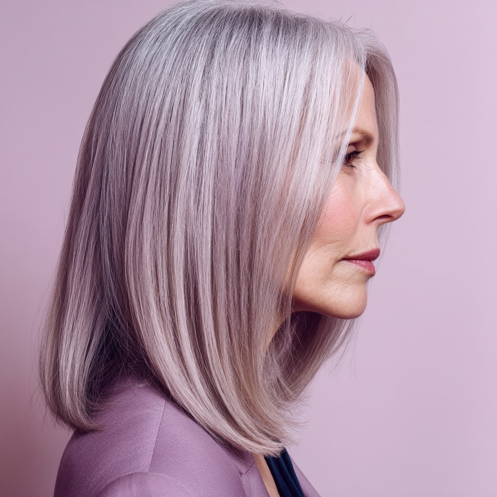 Sleek Silver Blunt Bob with Subtle Lavender Tones