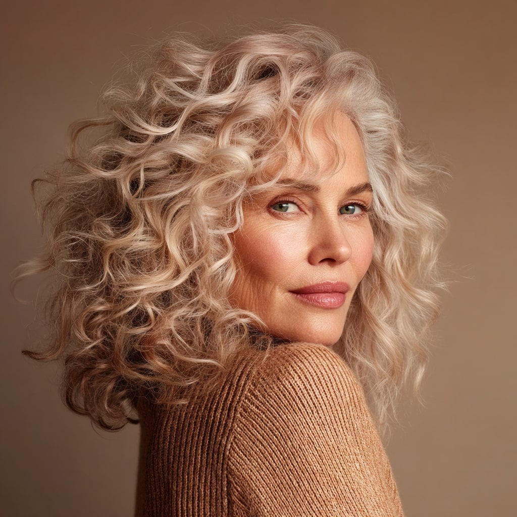 Soft Curly Shoulder-Length Hair with Light Blonde Highlights