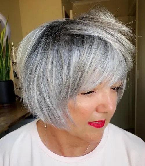Chic Textured Silver Bob with Side-Swept Bangs
