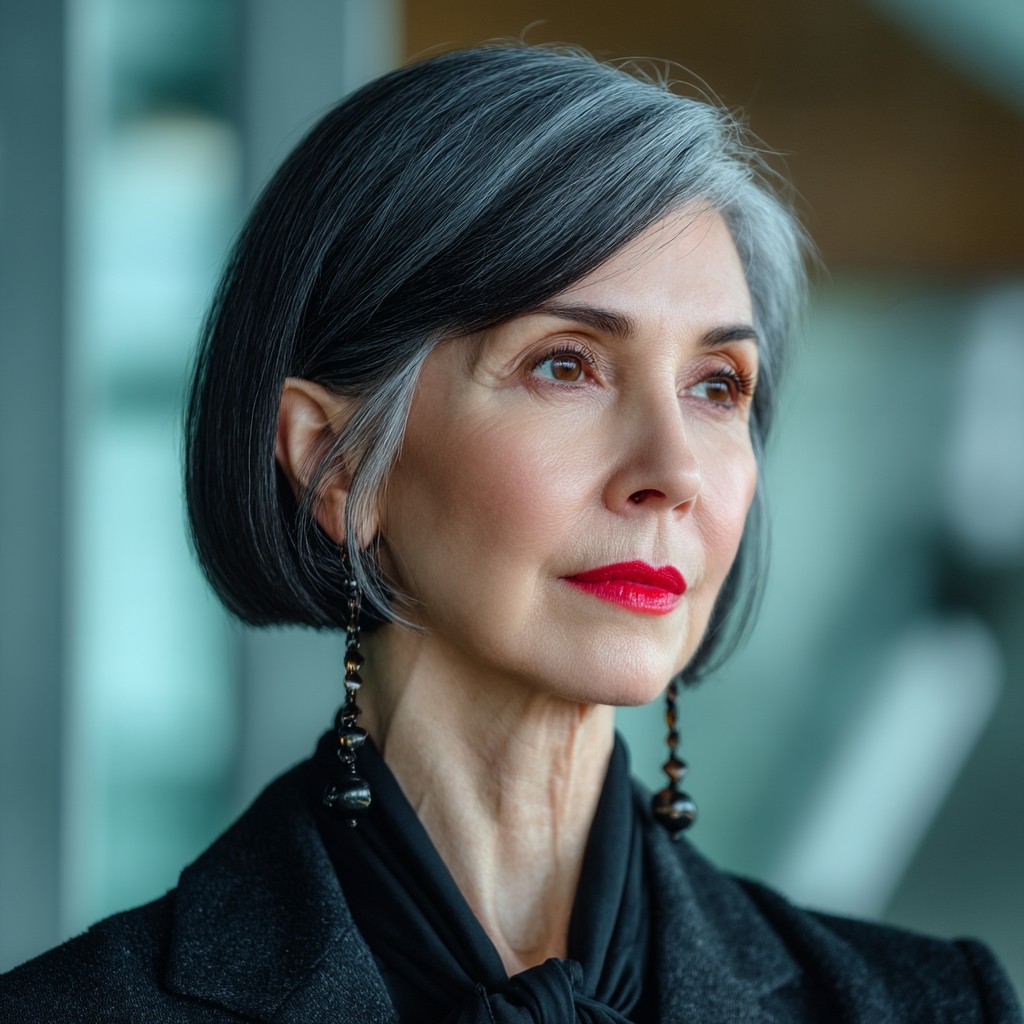 Sleek Grey Angled Bob with Subtle Layers