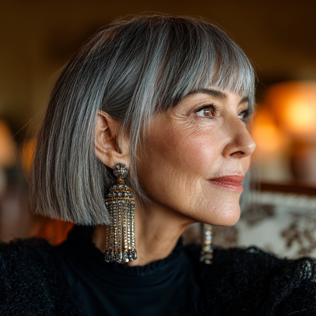 Sleek Silver Blunt Bob with Bangs