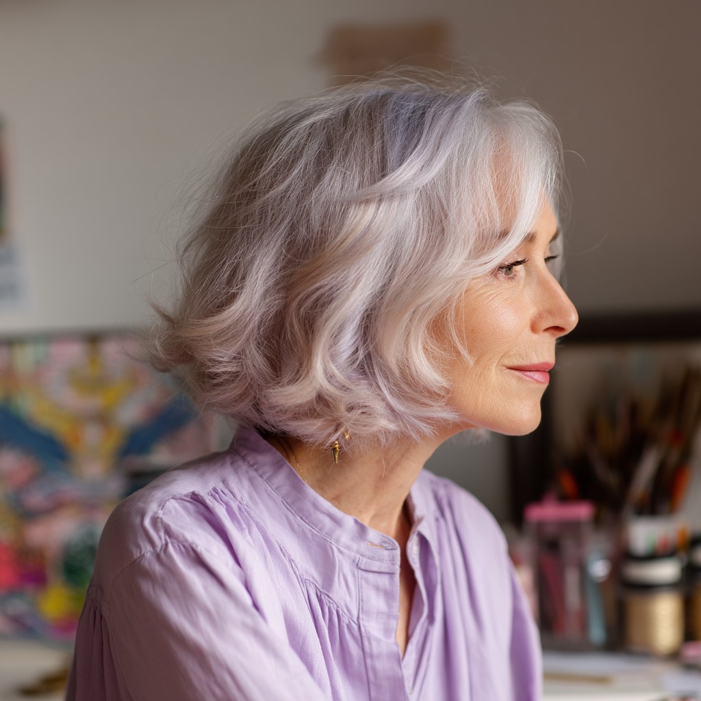 Soft Lavender Curly Bob with Subtle Layers