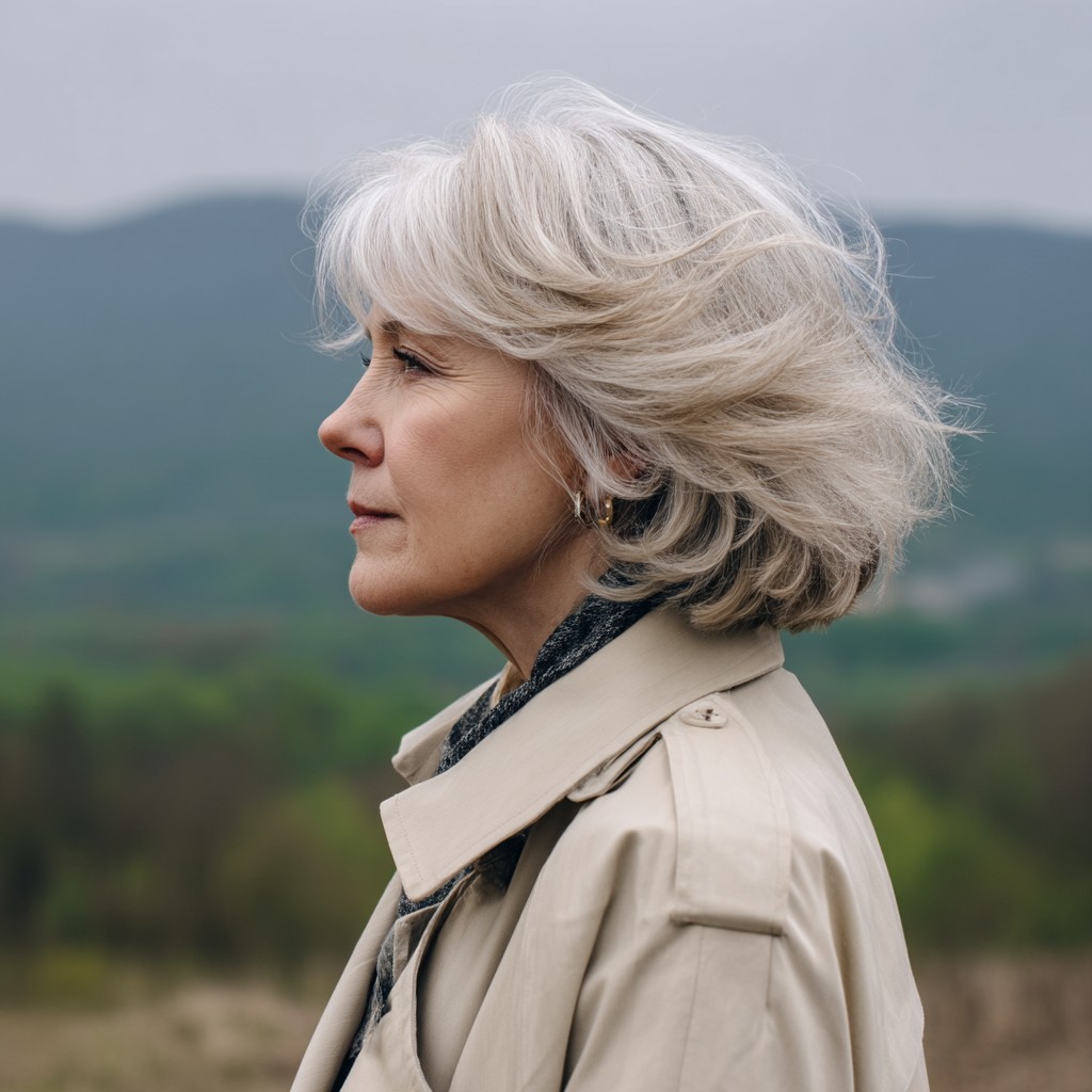Soft Textured Silver Bob with Feathered Layers
