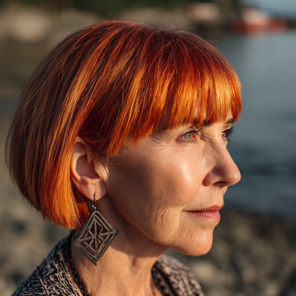 Vibrant Cherry Red Blunt Bob with Bangs