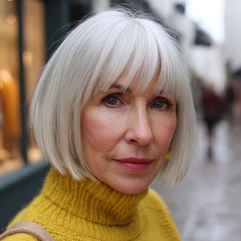 Chic Silver Bob with Soft Bangs