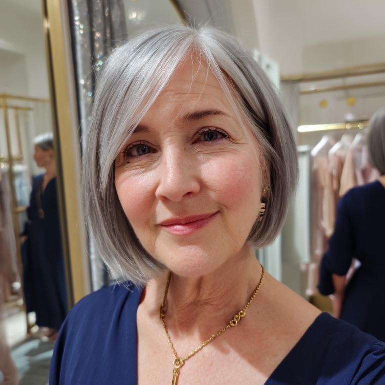 Chic Silver Angled Bob with Subtle Layers