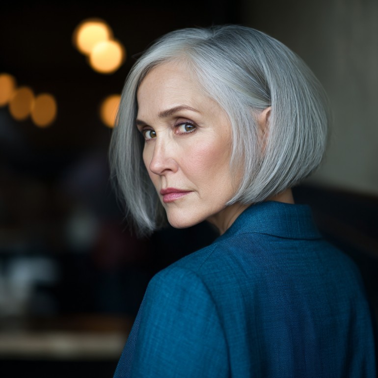 Elegant Silver Angled Bob with Soft Layers