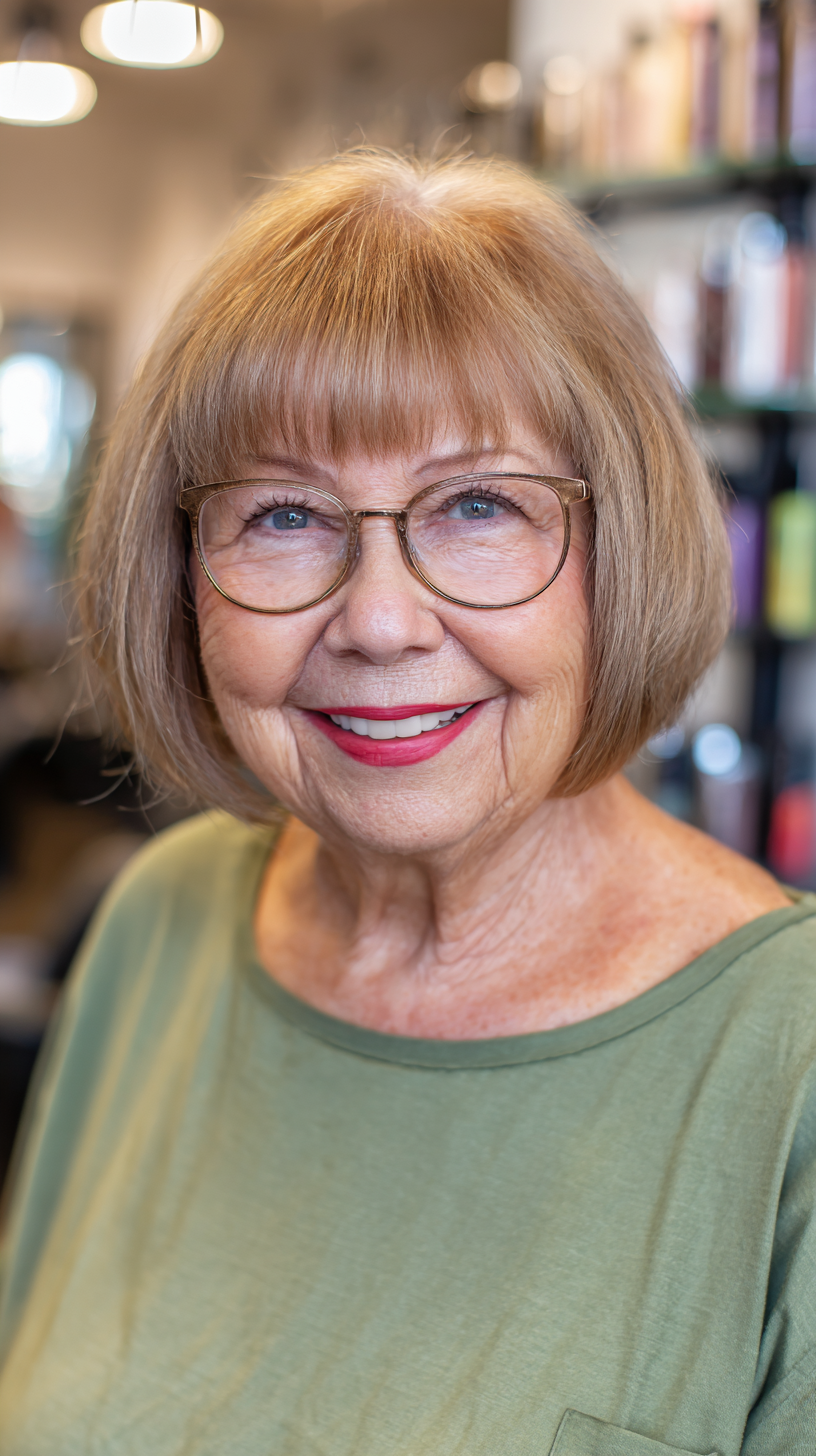 Charming Chin-Length Bob with Soft Bangs for Plus Size Over 70