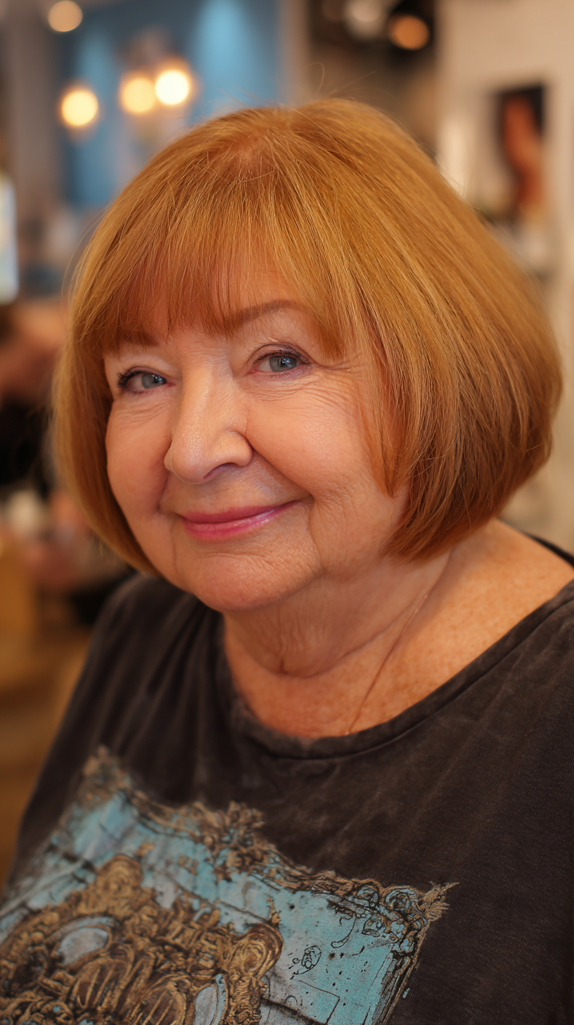 Modern Chin-Length Bob with Soft Bangs for Plus Size Over 70