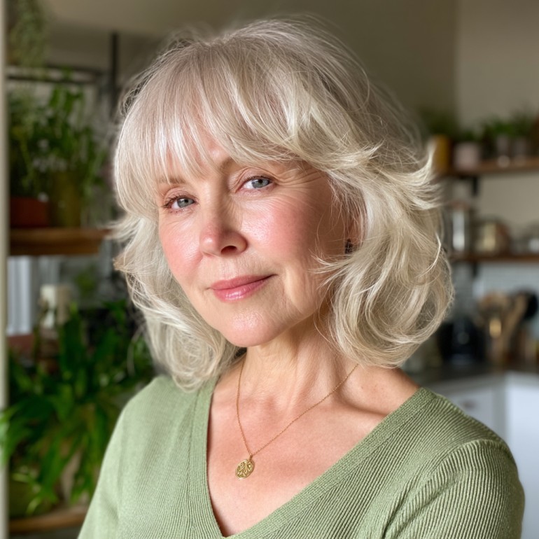 Soft Silver Swoop Bangs with Layered Waves